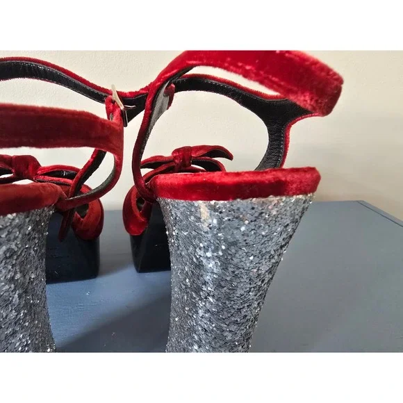 Saint Laurent Paris Red Velvet Platform Heels Glitter Heel Sandals EU 39 - Picture 4 of 6